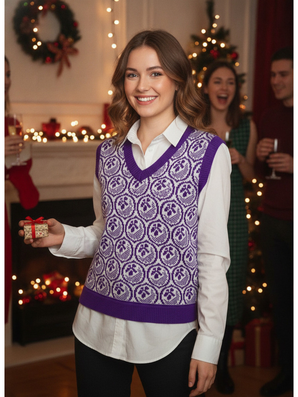 Purple and White Patterned Knit Sweater Vest